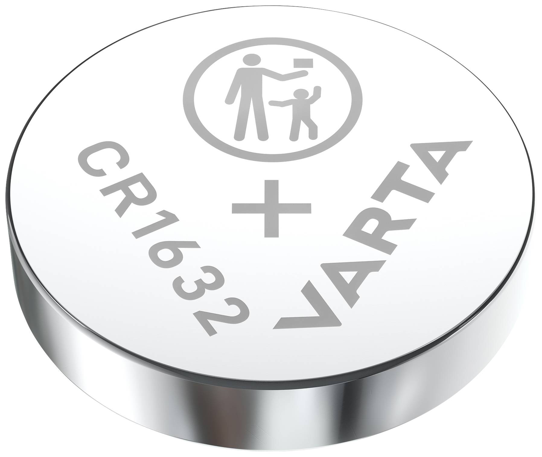 Ronde knoopcelbatterij met gravure 'CR1632' en 'VARTA'. Symbolen: Volwassene reikt kind een batterij aan; toont voorzichtigheid bij gebruik.