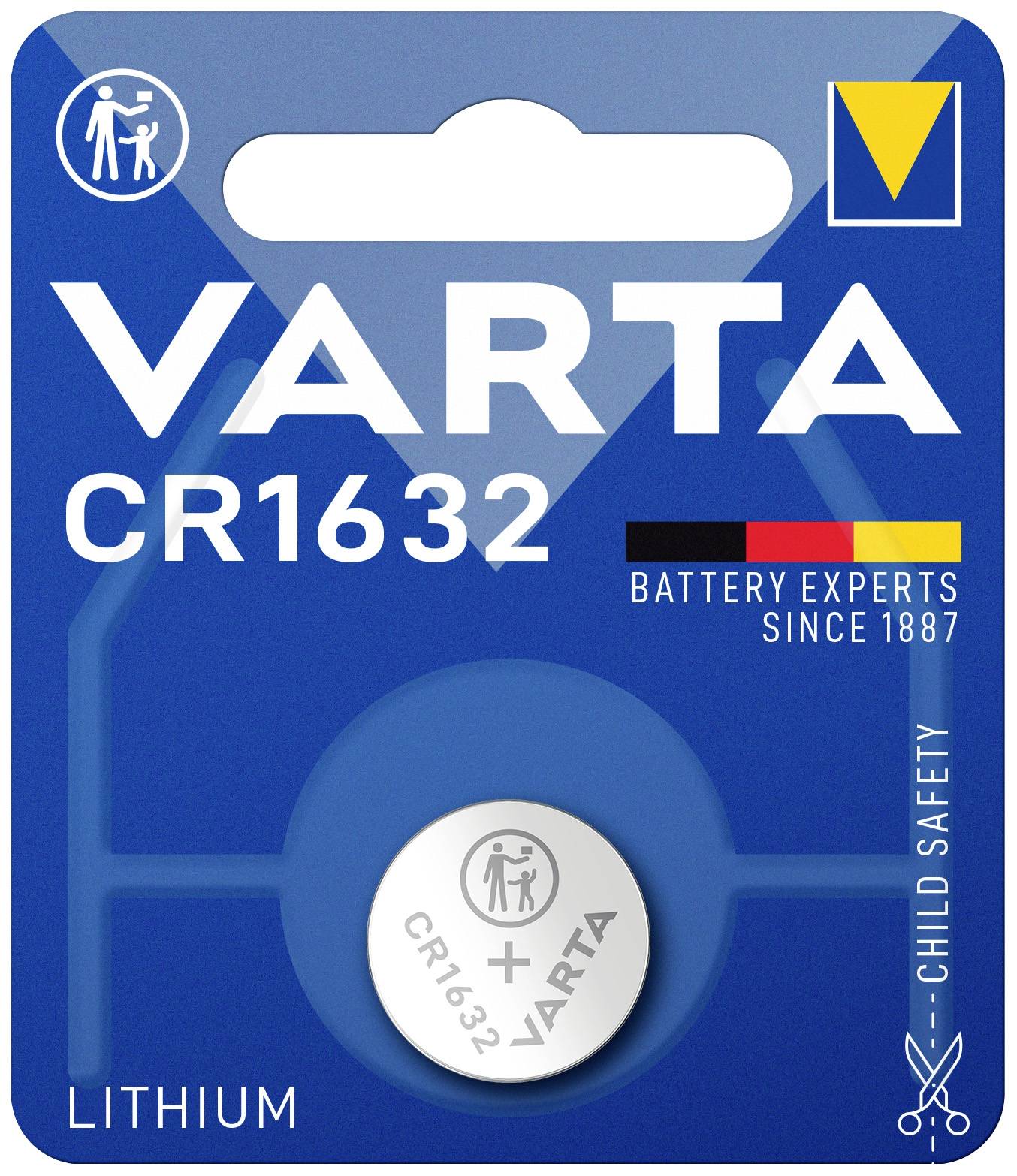 Batterijverpakking 'VARTA CR1632' met kinderbeveiliging. Lithium-knoopcel, expertise sinds 1887. Verpakking in blauw.