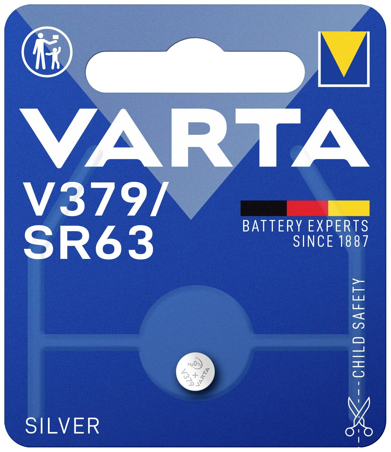 'VARTA V379/SR63' batterijverpakking, blauw met witte tekst, bevat een zilverenbatterij. Vermelding van kinderveiligheid en sinds 1887.