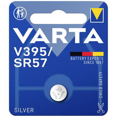 Blisterverpackung für VARTA-Batterie, Modell V395/SR57. Text: 'Batterij-experts sinds 1887', 'Kindveiligheid', 'Zilver'.
