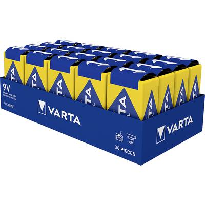 Verpakking met twintig VARTA 9V alkalinebatterijen, geschikt voor rookmelders en camera's.