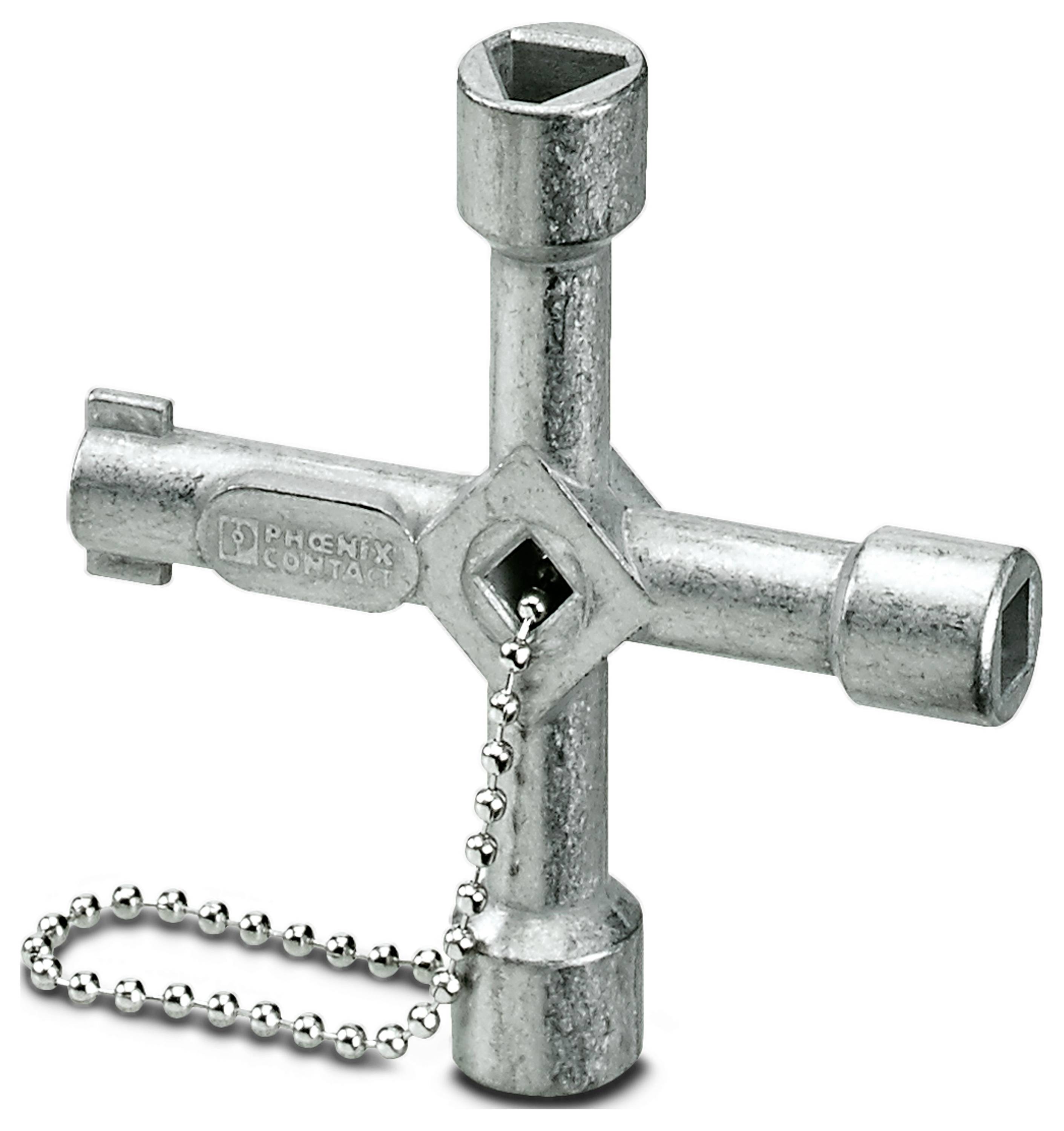 Een zilveren vierkante sleutel met een korte metalen ketting. De sleutel heeft vier verschillende formaten aan de uiteinden.