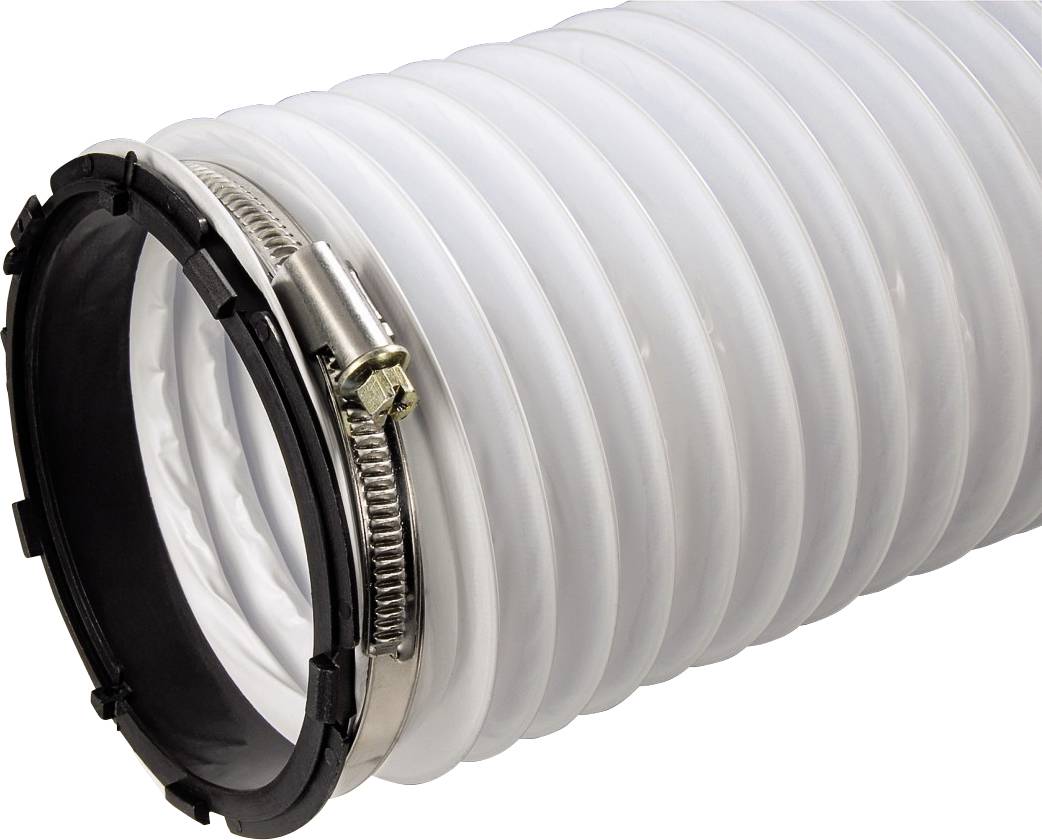 Een flexibele, witte spiraalslang met metalen klem aan het uiteinde. Geschikt voor gebruik in ventilatie- of afzuigsystemen.