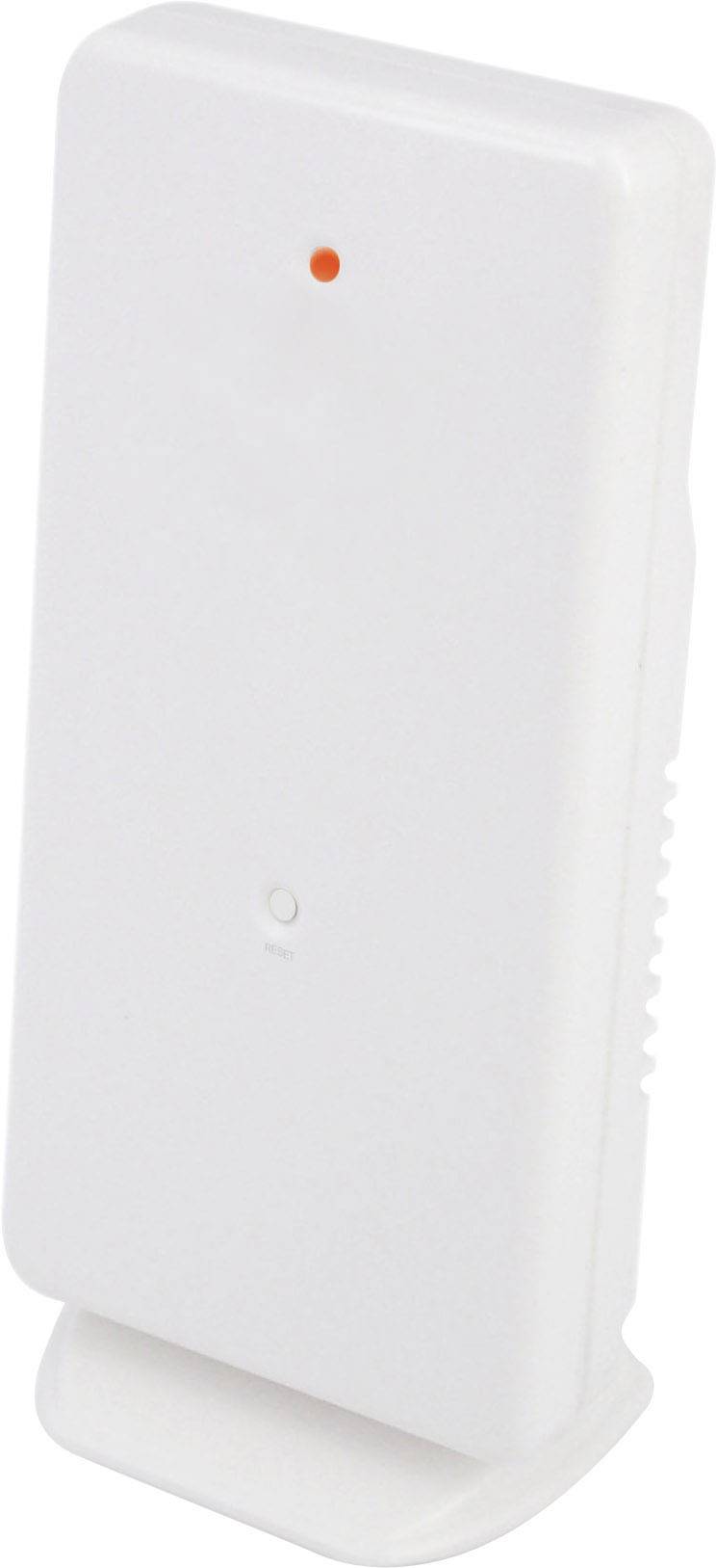 Een witte afstandsbediening met een klein oranje lampje aan de bovenkant.