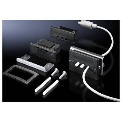 Een veiligheidsschakelaar met kabel en bevestigingselementen op een zwarte achtergrond; bestemd voor machinebeveiliging.