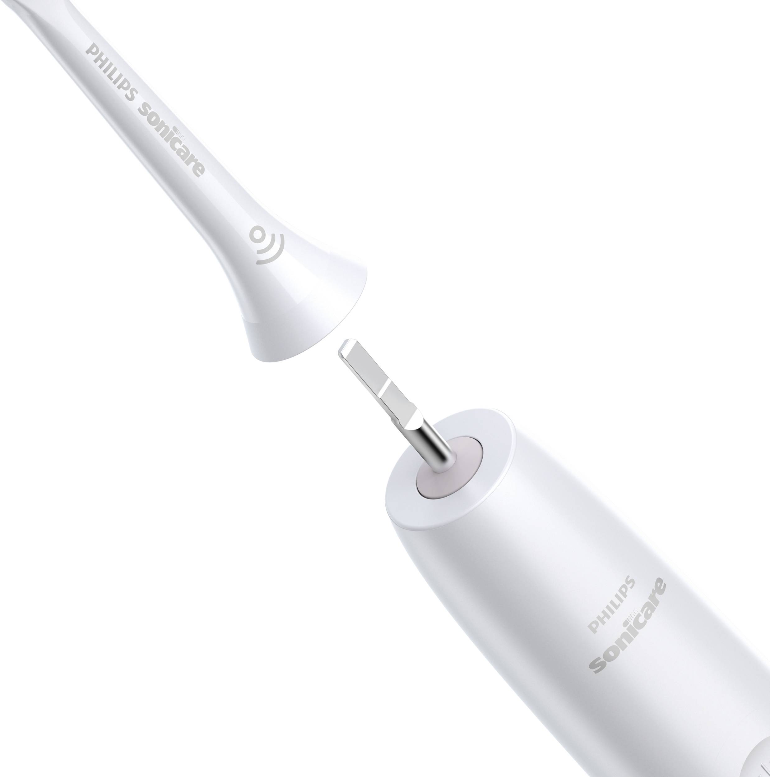 Elektrische tandenborstel met verwisselbare opzetborstel, toont Philips Sonicare branding. Weergave van de verbinding tussen kop en handvat.