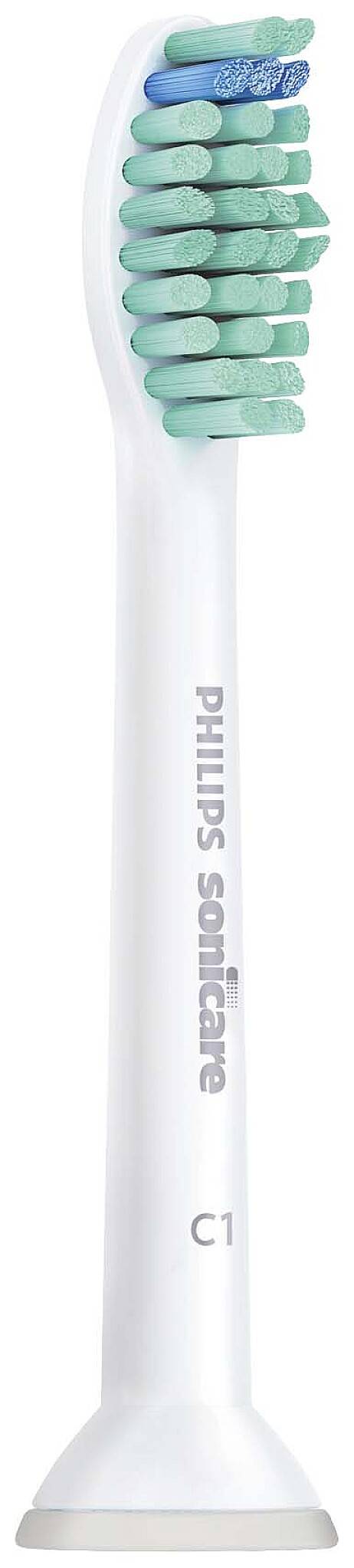 Een witte Philips Sonicare opzetborstel met blauwe en turquoise borstelharen, die wordt gebruikt voor elektrische tandenborstels.