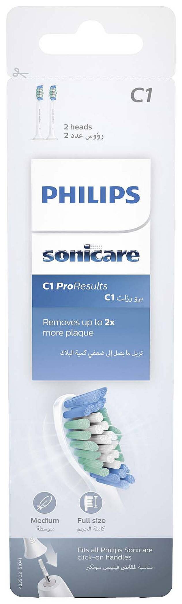 'PHILIPS Sonicare C1 ProResults' opzetborstels, verpakking van 2 stuks. Verwijdert tot 2x meer tandplak. Geschikt voor alle Sonicare handstukken.