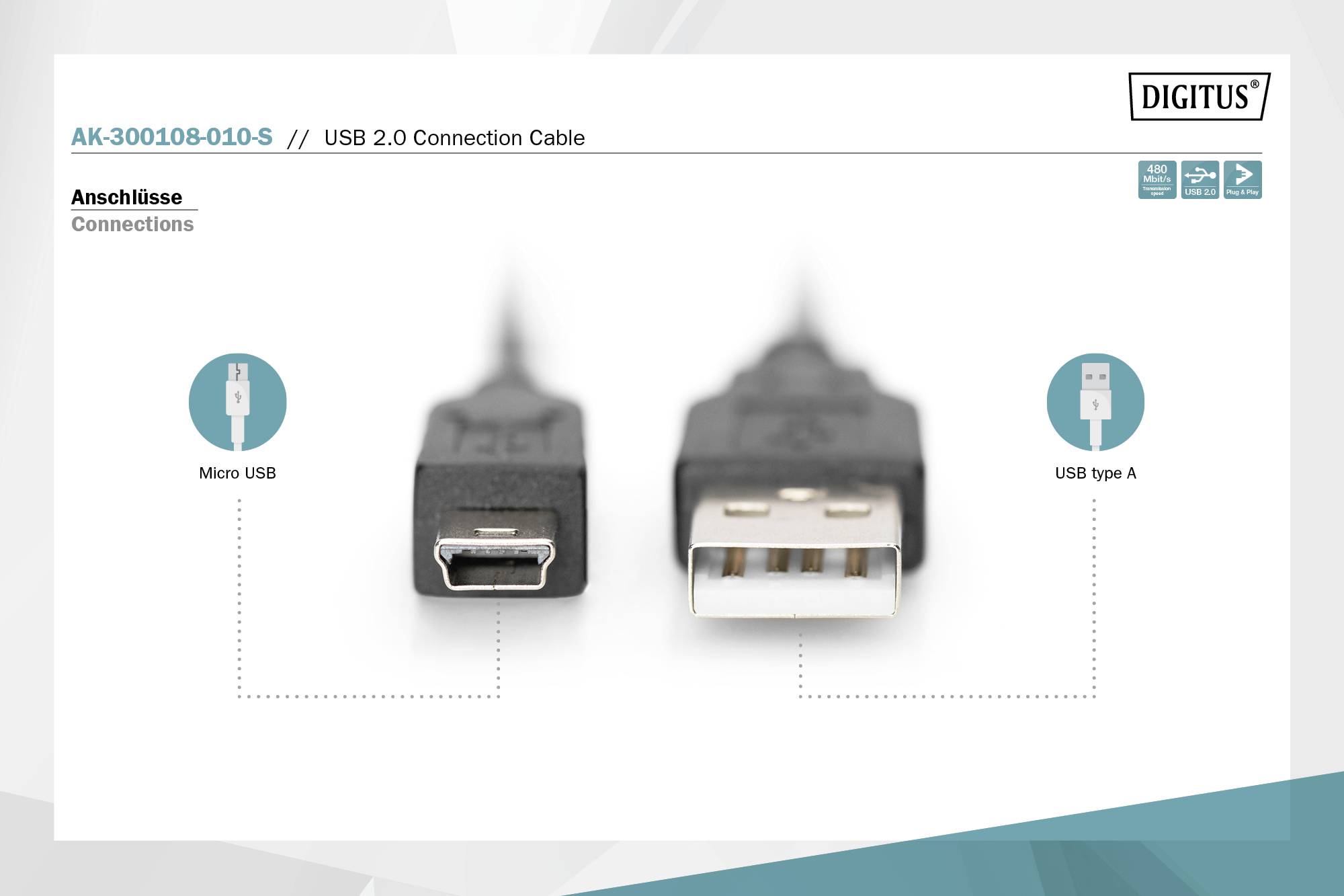 USB 2.0 verbindingskabel, AK-300108-010-S. Aansluitingen: Micro USB en USB Type A. Geschikt voor apparaatcompatibiliteit met USB-aansluitingen.