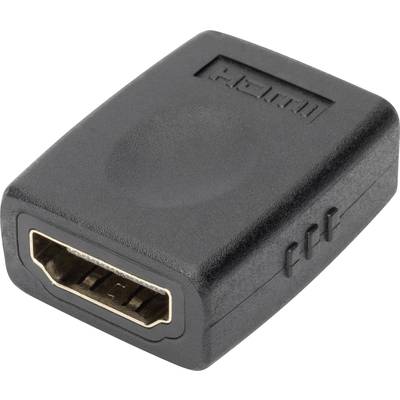 Een zwarte HDMI-adapter met vrouwelijke aansluitingen aan beide zijden, die gebruikt wordt om twee HDMI-kabels met elkaar te verbinden.