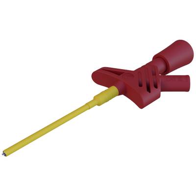 Rood en geel gereedschap met een lange steel, mogelijk een spuitpistool of applicator, geïsoleerd op een witte achtergrond.