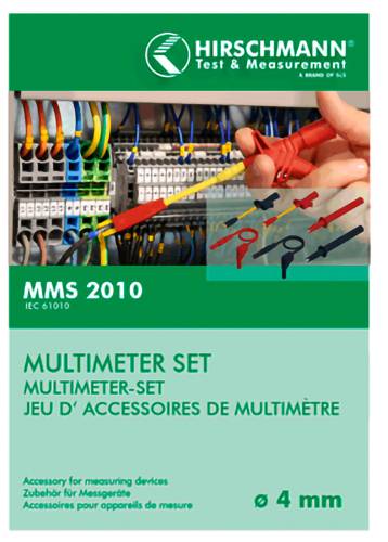 Productomslag voor Hirschmann Test & Measurement MMS 2010 multimeterset, met weergave van testleidingen en probetoebehorens; tekst omvat 'MULTIMETERSET' en 'ø 4 mm'.