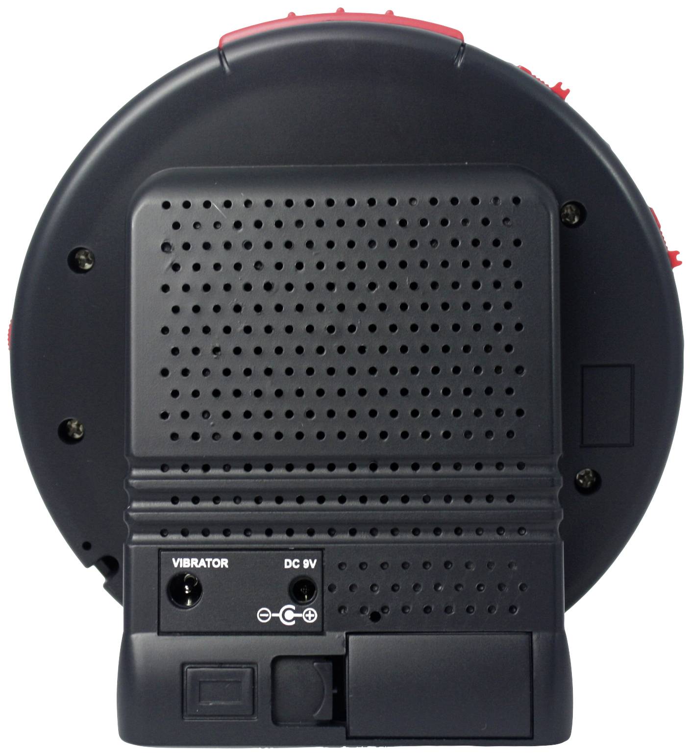 Achteraanzicht van een zwart apparaat met aansluitingen voor 'Vibrator', 'DC 9V' en 'AUX'. Bovenkant in het rood, veel kleine gaatjes zichtbaar.