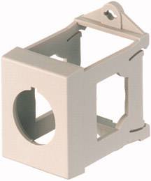 Een rechthoekige, beige kunststof frame met een cirkelvormige opening aan de voorkant en zijdelingse ribbels voor stabiliteit.