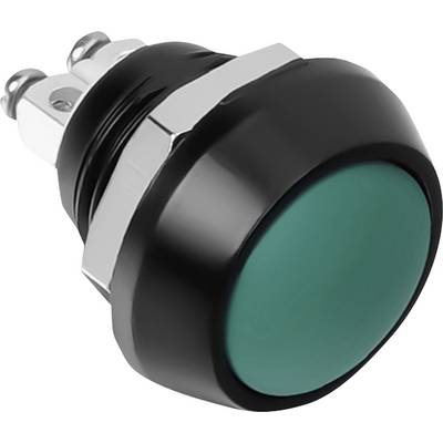 Een groene ronde drukschakelaar in een zwarte behuizing met metalen voet, klaar voor mechanische bediening.