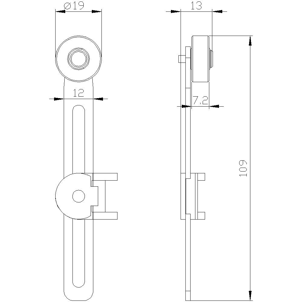 Technische tekening van een onderdeel met afmetingen in millimeter: Bovenaanzicht toont lengte 109, breedte 12. Zijaanzicht toont diameter 19, diepte 7,2.