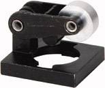 Een zwart, rechthoekig metalen element met twee zilveren cilinders die aan een draaibare houder zijn bevestigd.