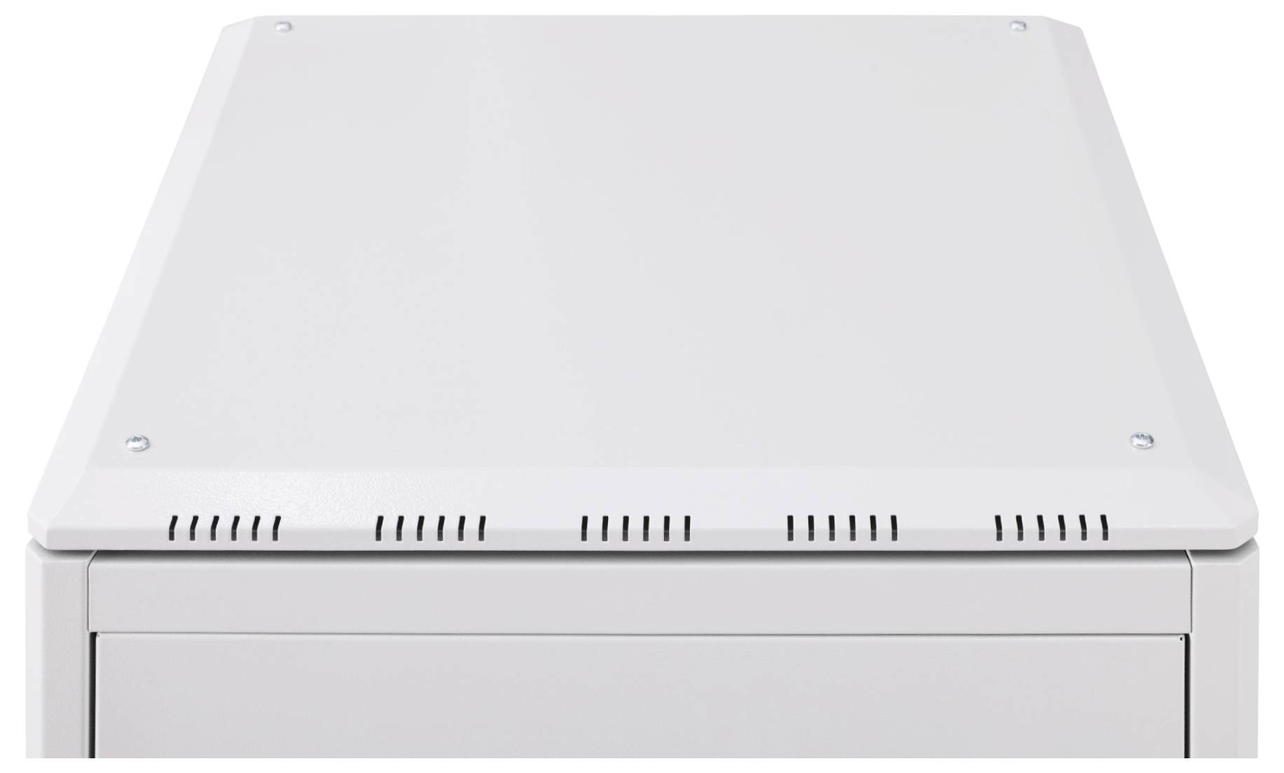 Een eenvoudige, witte metalen behuizing met ventilatieopeningen en schroeven in de hoeken, vermoedelijk onderdeel van een technisch apparaat.