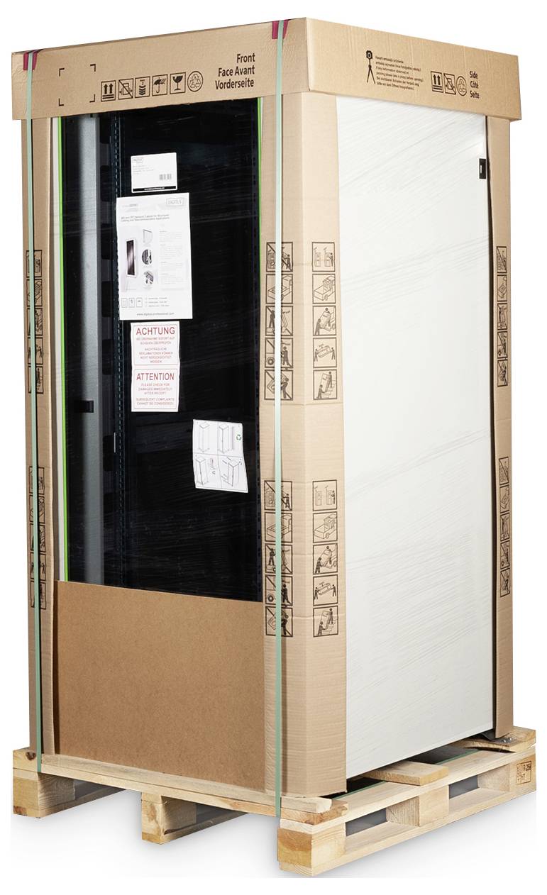 'Verpakte kast op een houten pallet, omgeven door karton met instructies en symbolen voor handling en opslag.'