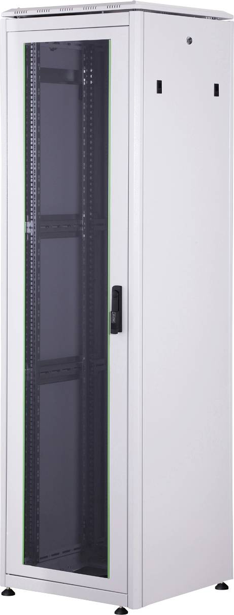 Een witte serverrack-kast met glazen deur en groene rand, bedoeld voor het plaatsen van IT-apparatuur, staat op de vloer.