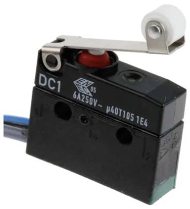 Zwarte microswitch met hefboom en rol, gemerkt met 'DC1', '6A 250V'. Geschikt voor elektrisch gebruik.