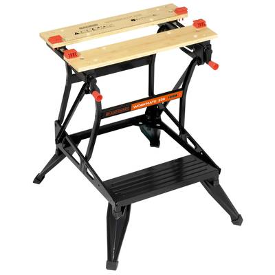 Compacte, zwarte werkbankklem met twee houten platen en rode klemmen, geschikt voor doe-het-zelf projecten en werkplaatswerkzaamheden.
