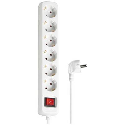 Een witte stekkerdoos met zes stopcontacten en een rode aan- en uitschakelaar. Een kabel met stekker is aangesloten.