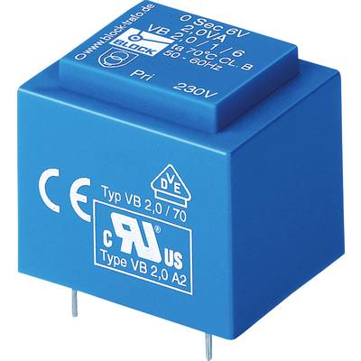 Een blauwe elektrische transformator met specificaties aan de bovenkant: '0 Sec 6V, 20VA, Type VB 2,0/70, Pri 230V'. Bevat keurmerkstempels.