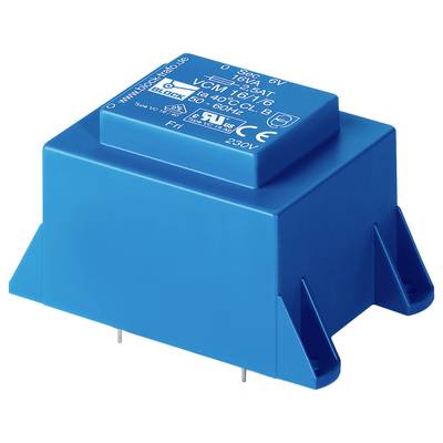 Een blauwe elektrische transformatorblok gemarkeerd met specificaties: '16VA, 6V, VCM 16/6/4T'. Hij heeft twee pennen voor aansluiting.