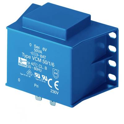 Een blauwe elektrische transformator gelabeld als 'Type VCM 50/1/6', met 6V secundaire en 230V primaire spanning, met technische specificaties aan de zijkant.