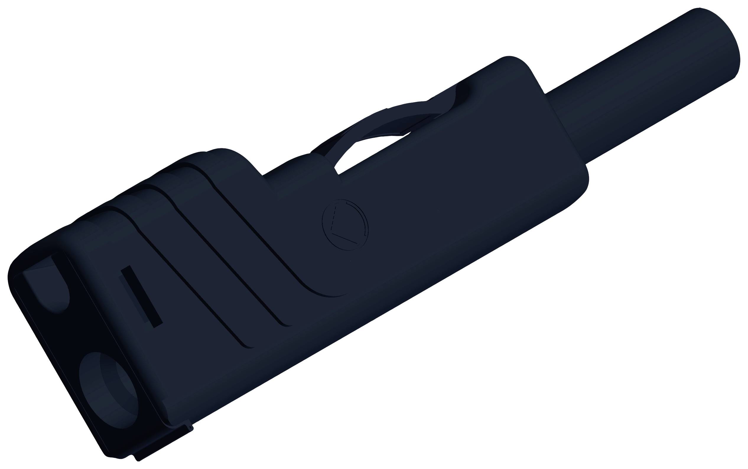 Donkere, langwerpige voorwerp met een slanke vorm en handvat. Mogelijk een elektronisch of mechanisch apparaat.