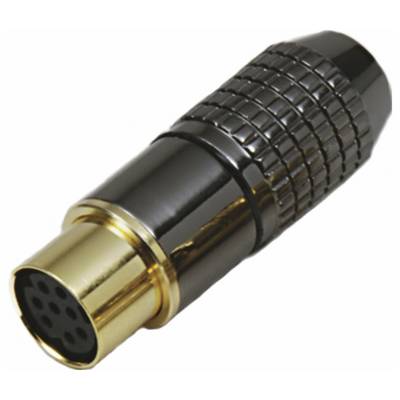 Een zwarte zespolige DIN-stekker met gouden aansluitingen, vaak gebruikt voor audio- of MIDI-apparaten.