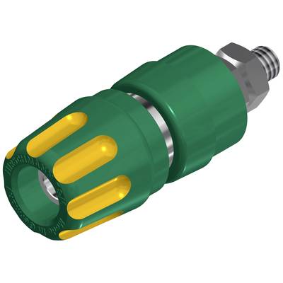 Groene en gele snelkoppeling met zilveren schroefdraad, weergegeven in perspectief.