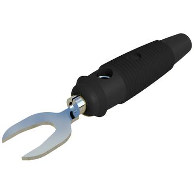 Zwarte moersleutel met geribbelde handgreep en metalen vorkpunten, gebruikt voor installatiewerkzaamheden aan luidsprekeraansluitingen.