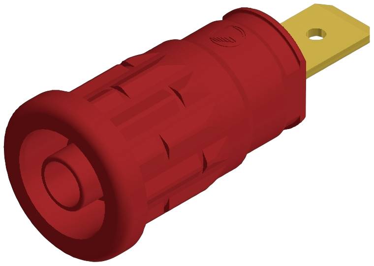 Rode, geïsoleerde stekker met gele platte contactpunt, geschikt voor elektrische verbindingen. 3D-weergave van een elektronisch onderdeel.
