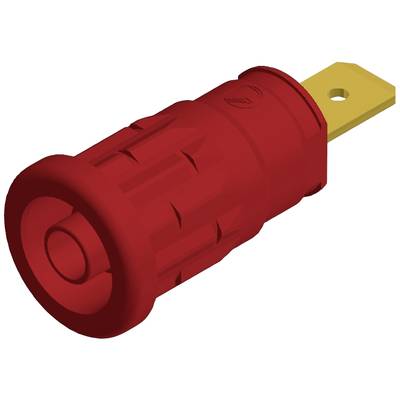 Rode, geïsoleerde stekker met gele platte contactpunt, geschikt voor elektrische verbindingen. 3D-weergave van een elektronisch onderdeel.