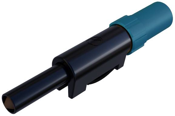 Blauwe en zwarte elektrische stekker, cilindrische vorm, zijaanzicht.