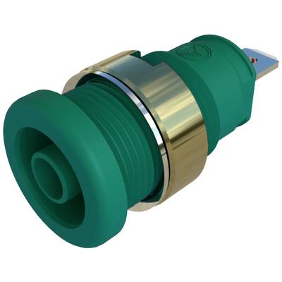 Een groene drukknop met metalen behuizing en schroefdraad, gebruikt voor machines of elektronische apparaten.