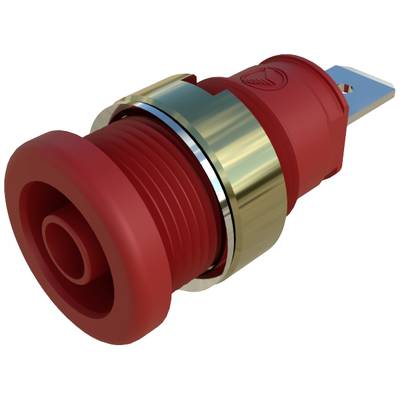 Rode drukknop met gouden metalen behuizing voor elektronische apparaten.