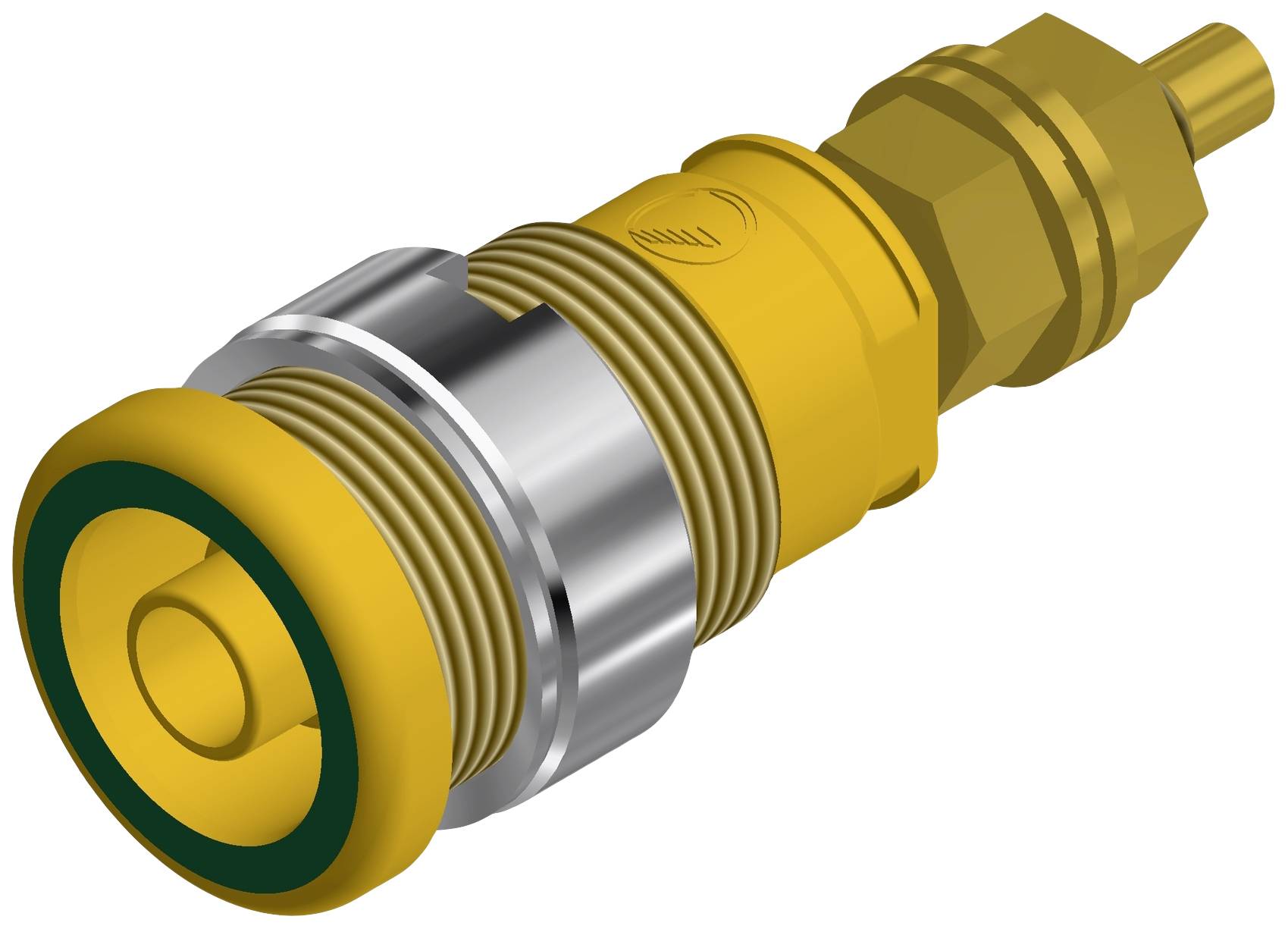 Een geel, cilindrisch machinedeel met metalen schroefdraad en groene afdichtingsrubber, vaak gebruikt in hydraulische systemen.