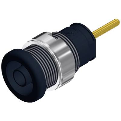 Metalen schakelaar met zwarte drukknop, schroefdraad en verguld contactpunt, geschikt voor elektronische toepassingen.