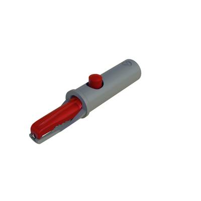 Een grijze, cilindrische voorziening met een rode knop bovenop en een rood mechanisme aan de zijkant, mogelijk een veiligheidsapparaat.