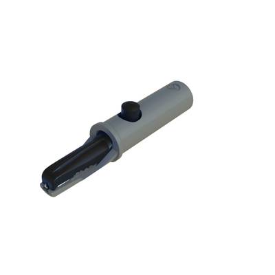 Een zilveren, cilindrisch gereedschap met een zwarte kling en drukknop, waarschijnlijk een sap- of kernverwijderaar.