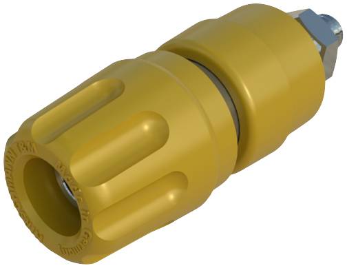 Een gele, cilindrische adapter met een gegroefde oppervlakte en een zilveren metalen component aan één kant.