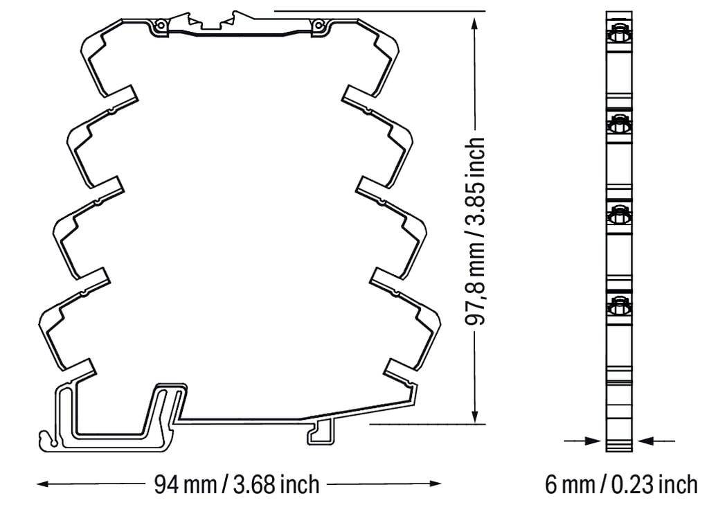 'Doorsnedediagram van een structureel onderdeel' met afmetingen: breedte 94 mm (3,68 inch), hoogte 97,8 mm (3,85 inch), diepte 6 mm (0,23 inch).