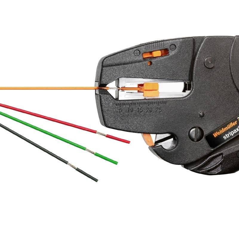 Striptang van Weidmüller, snijdt en verwijdert isolatielagen van elektrische draden in verschillende kleuren.