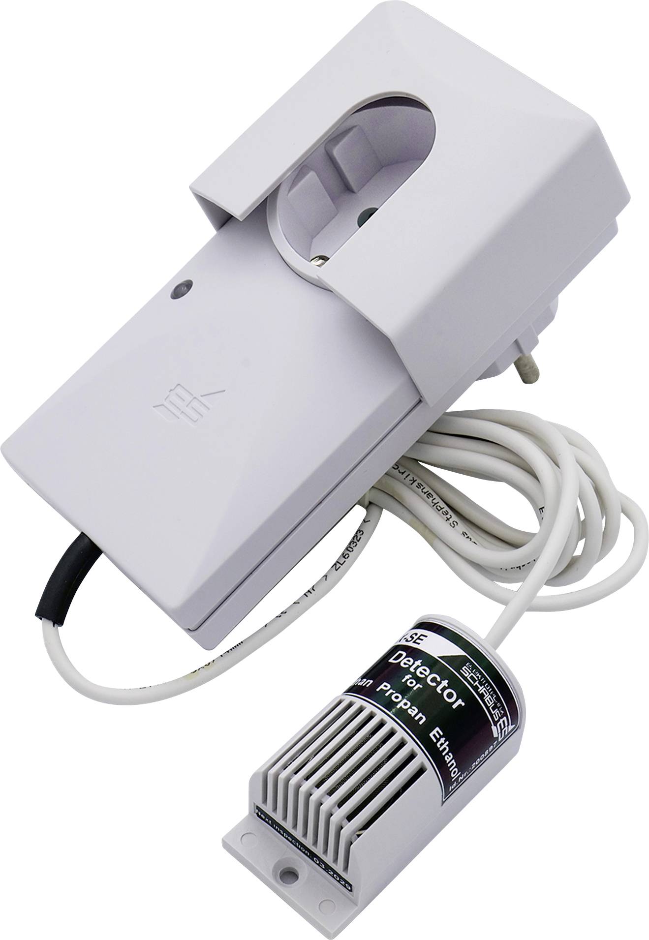 Een witte gasdetector met kabel en stekkerverbinding voor het detecteren van propaan.