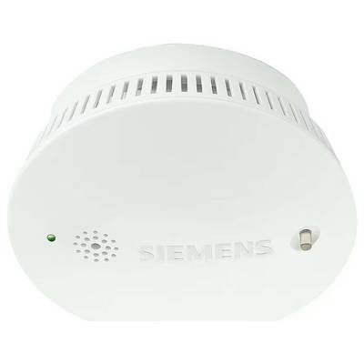 Een witte rookmelder van het merk 'Siemens', toont een ventilatierooster en een controlelampje.