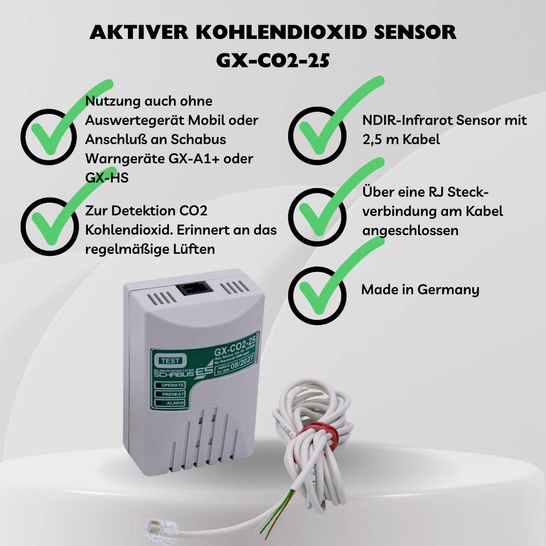 'Actieve Kooldioxide Sensor GX-CO2-25' met infraroodsensor en 5m kabel, voor CO2-detectie. Ondersteunt GX-A1+ of GX-HS. Vervaardigd in Duitsland.