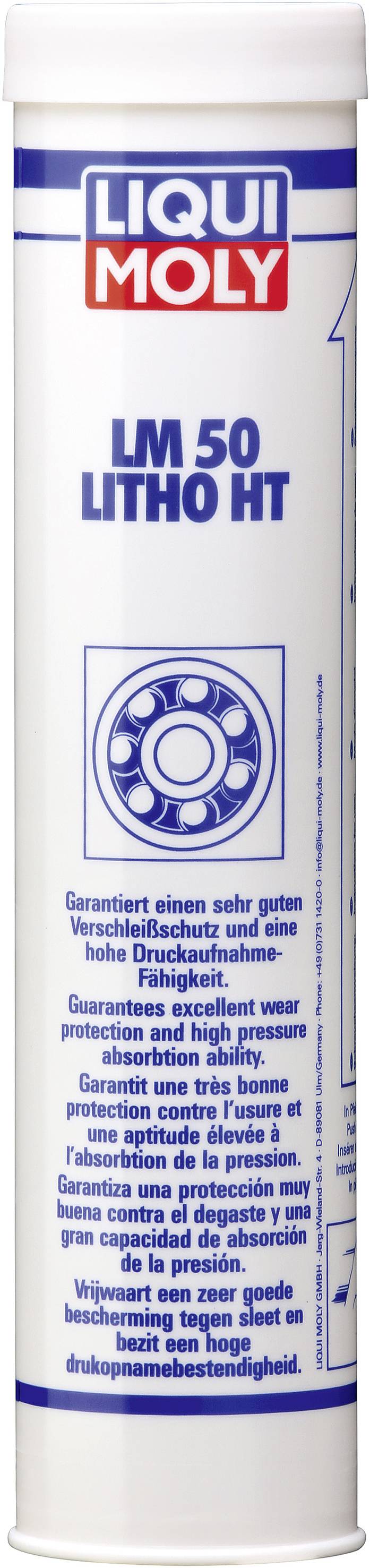 Een tube "LIQUI MOLY LM 50 Litho HT" vet, geschikt voor hoge druk en variabele temperaturen, rechtop staand.